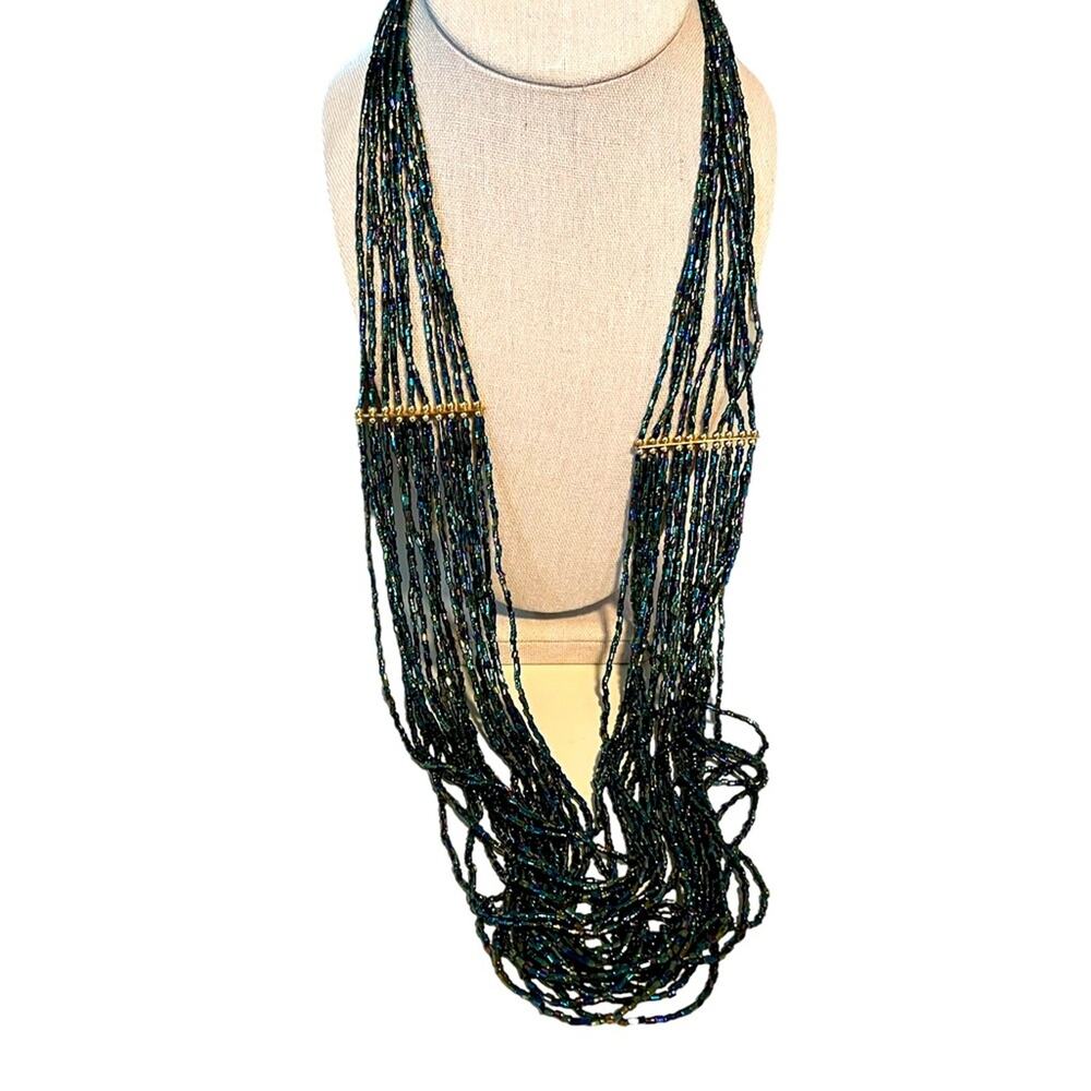 Peacock Blue Black Iridescent Bead Multi Strand Necklace Pierced Earrings Set